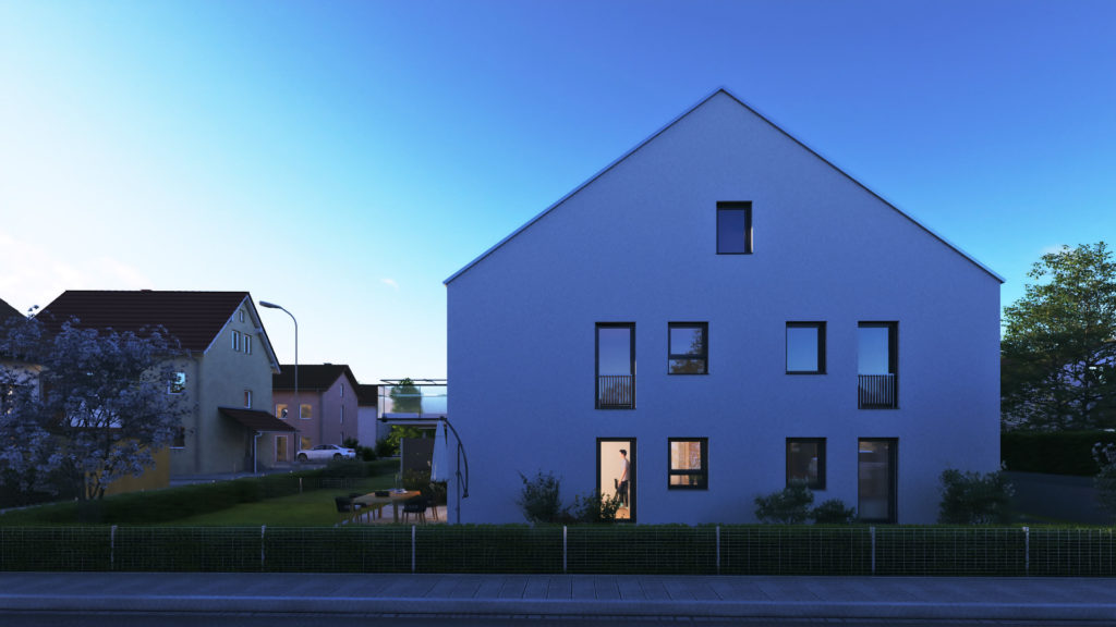 3D-Exterior-Architektur-Visualisierung eines Mehrfamilienhauses im Abendlicht