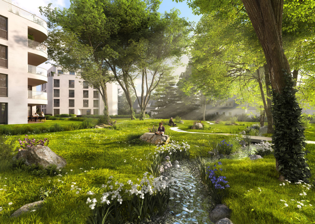 3D-Exterior-Architektur-Visualisierung eines Mehrfamilienhaus-Gartens