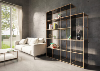 3D-Produkt-Visualisierung eines Designer-Modul-Möbels – hier ein offenes Regal im Wohnzimmer