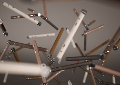 KeyVisual einer 3D-Produktvisualisierung des modularen Möbelsystems - hier fliegende Bauteile im Raum