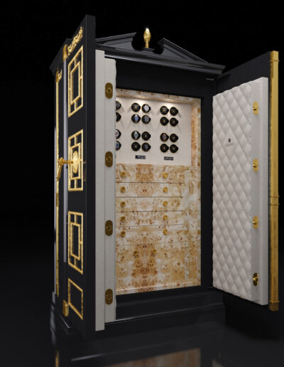 3D-Produkt-Visualisierung eines edlen Safes mit Gold