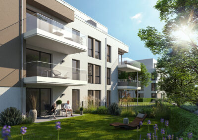 3D-Exterior-Architektur-Visualisierung eines Mehrfamilienhaus-Gartens