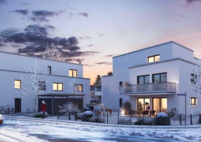 3D-Architektur-Visualisierung eines MFH im Schnee