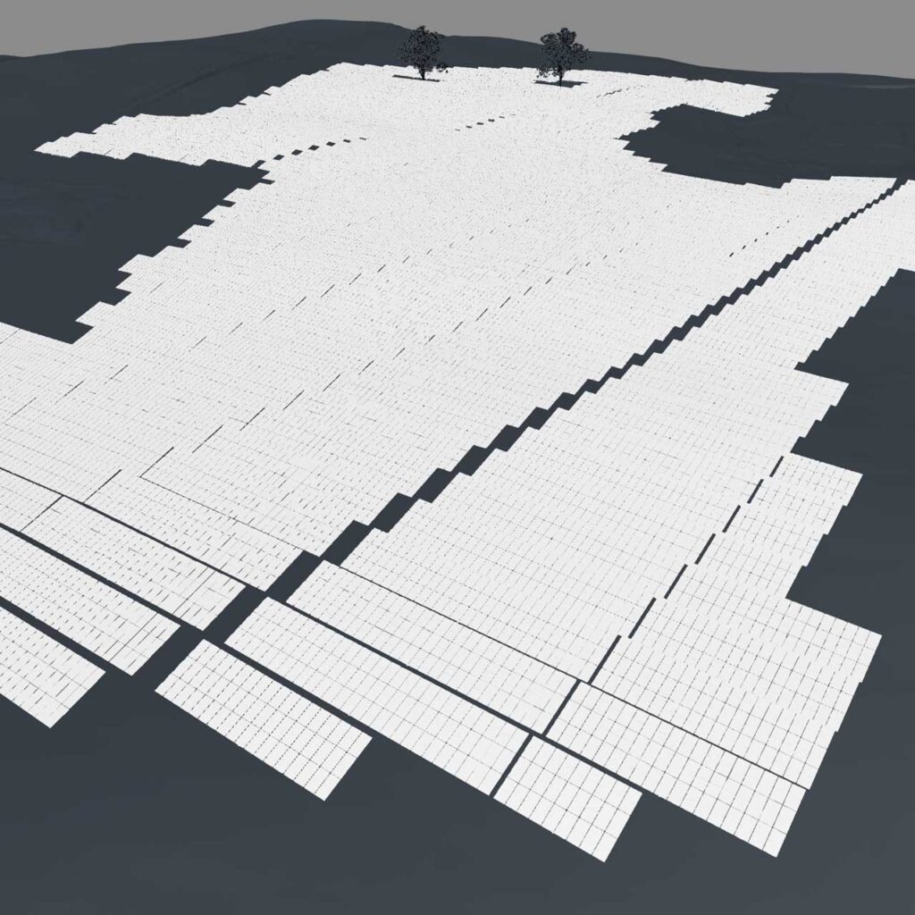 Screenshot aus dem CAD-Programm – Gittermodell mit platzierten PV-Tischen